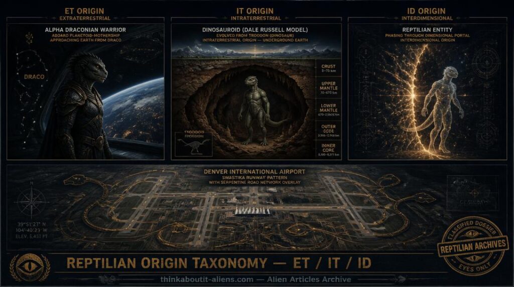 Triptych showing Alpha Draconian aboard planetoid, Dale Russell Dinosauroid in underground cavern evolved from Troodon, and Reptilian phasing through dimensional portal, with Denver Airport swastika runway layout below