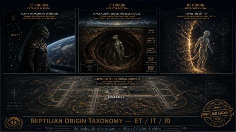 Triptych showing Alpha Draconian aboard planetoid, Dale Russell Dinosauroid in underground cavern evolved from Troodon, and Reptilian phasing through dimensional portal, with Denver Airport swastika runway layout below