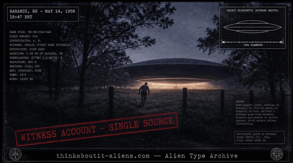Large disc-shaped craft glowing in a wooded clearing near Sarandi, Brazil, at dusk in 1958, representing the Arthur Berlet contact case
