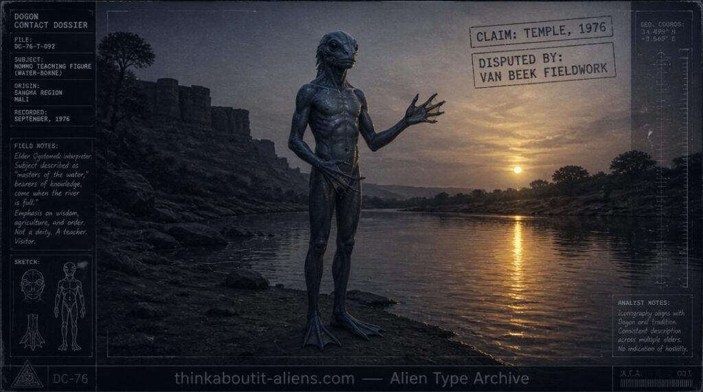 Tall amphibious humanoid figure with webbed hands standing at a riverbank at dusk, illustrating the Dogon Nommo tradition central to the Sirius Mystery