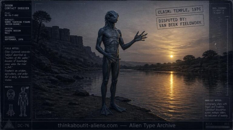Tall amphibious humanoid figure with webbed hands standing at a riverbank at dusk, illustrating the Dogon Nommo tradition central to the Sirius Mystery
