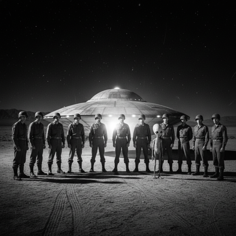 A depiction of the alleged 1965 exchange between U.S. military personnel and Eben extraterrestrials.