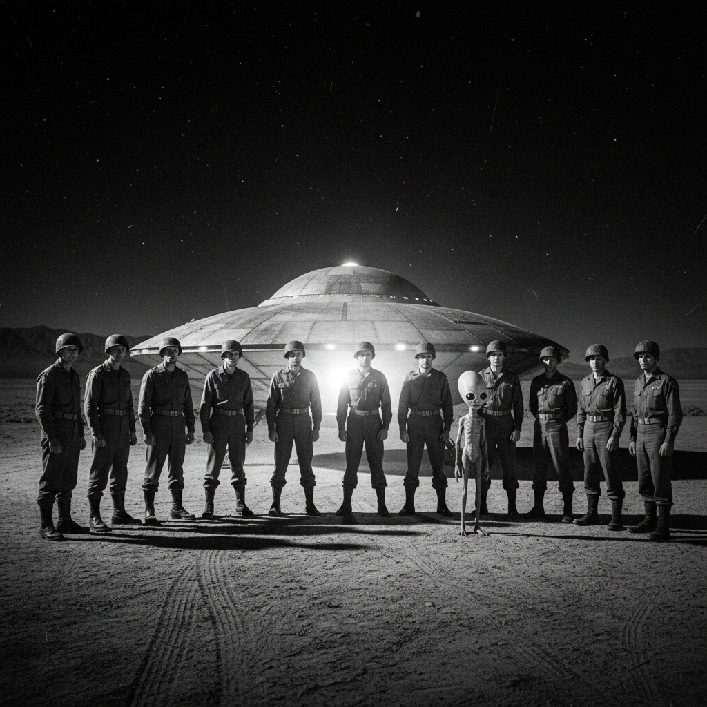 A depiction of the alleged 1965 exchange between U.S. military personnel and Eben extraterrestrials.