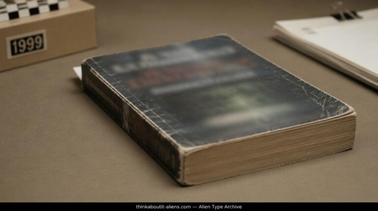 A worn, out-of-focus 1999 paperback book lying closed on a plain desk, referencing the origin of the reptilian-bloodline theory as a documented artifact rather than an endorsement