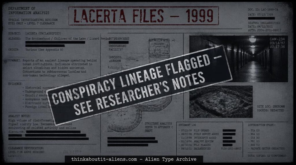 Redacted dossier-style document graphic marked "conspiracy lineage flagged" for the Indigenous Reptilians entry