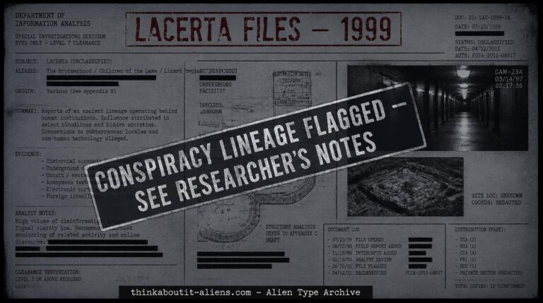 Redacted dossier-style document graphic marked "conspiracy lineage flagged" for the Indigenous Reptilians entry