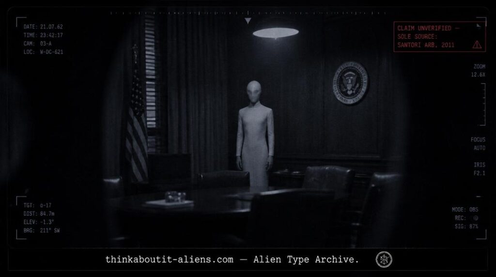 Jefok: Dossier-style rendering of a masked humanoid figure in a dim early-1960s government room, referencing the unverified Jefok–JFK contact claim