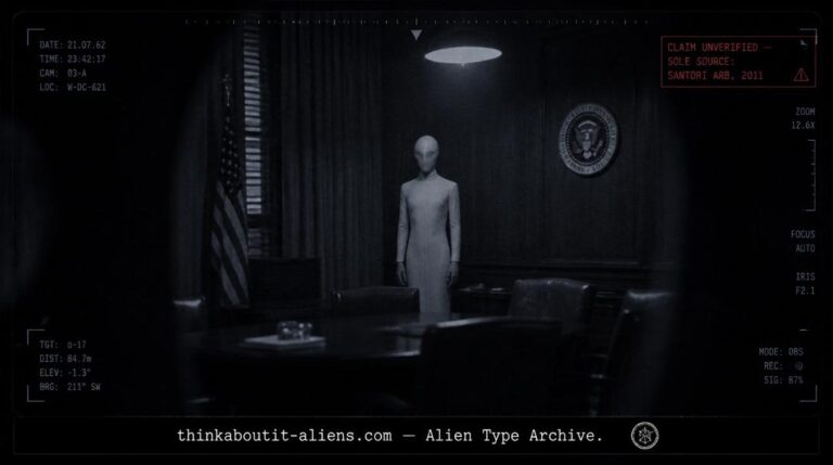 Jefok: Dossier-style rendering of a masked humanoid figure in a dim early-1960s government room, referencing the unverified Jefok–JFK contact claim
