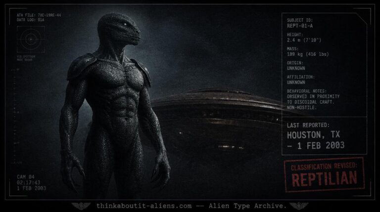 Dossier-style rendering of a tall reptilian humanoid with slender eyes and clawed fingers, referencing the Jighantik's corrected classification and 2003 Houston sighting