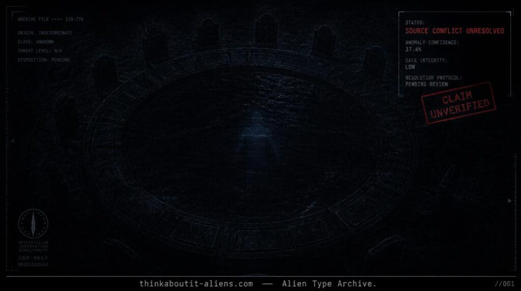 Dossier-style rendering of a faint blue humanoid silhouette in dark water beside a ghostly council-table motif, referencing the unresolved Kasimar source conflict