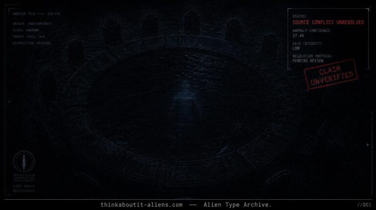 Dossier-style rendering of a faint blue humanoid silhouette in dark water beside a ghostly council-table motif, referencing the unresolved Kasimar source conflict