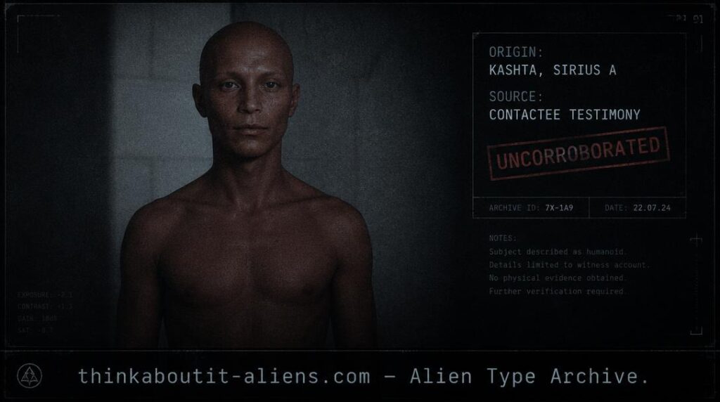 Dossier-style rendering of a calm, reddish-tan-skinned humanoid figure in plain ambient light, referencing the Katayy's Sirius A origin planet Kashta