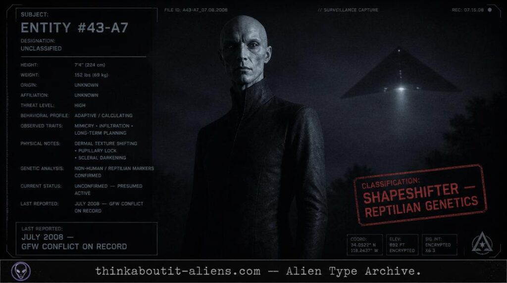Dossier-style rendering of a tall, pale, nearly white humanoid figure with unnaturally fixed eyes, a dark triangular craft visible in the background sky