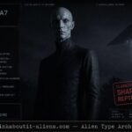 Dossier-style rendering of a tall, pale, nearly white humanoid figure with unnaturally fixed eyes, a dark triangular craft visible in the background sky