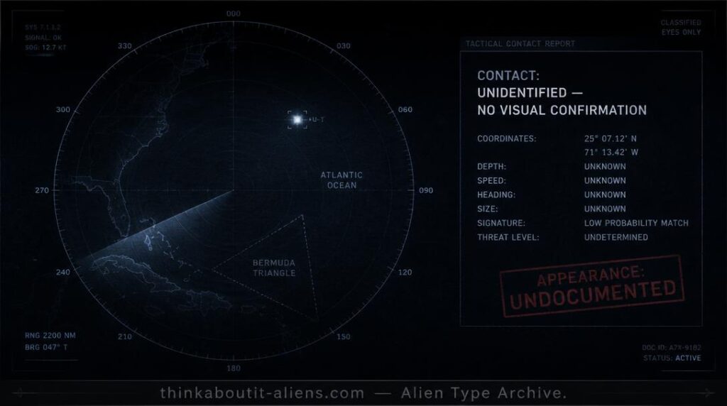 Dossier-style rendering of a radar screen showing an unidentified contact blip over the Bermuda Triangle, with no creature depicted since no physical description exists