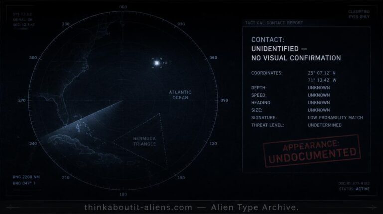 Dossier-style rendering of a radar screen showing an unidentified contact blip over the Bermuda Triangle, with no creature depicted since no physical description exists