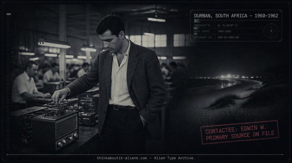 Dossier-style rendering of a tall, dark-haired man in early-1960s work attire on a factory floor, referencing Valdar's Earth alias "George K." and the Koldas contact case