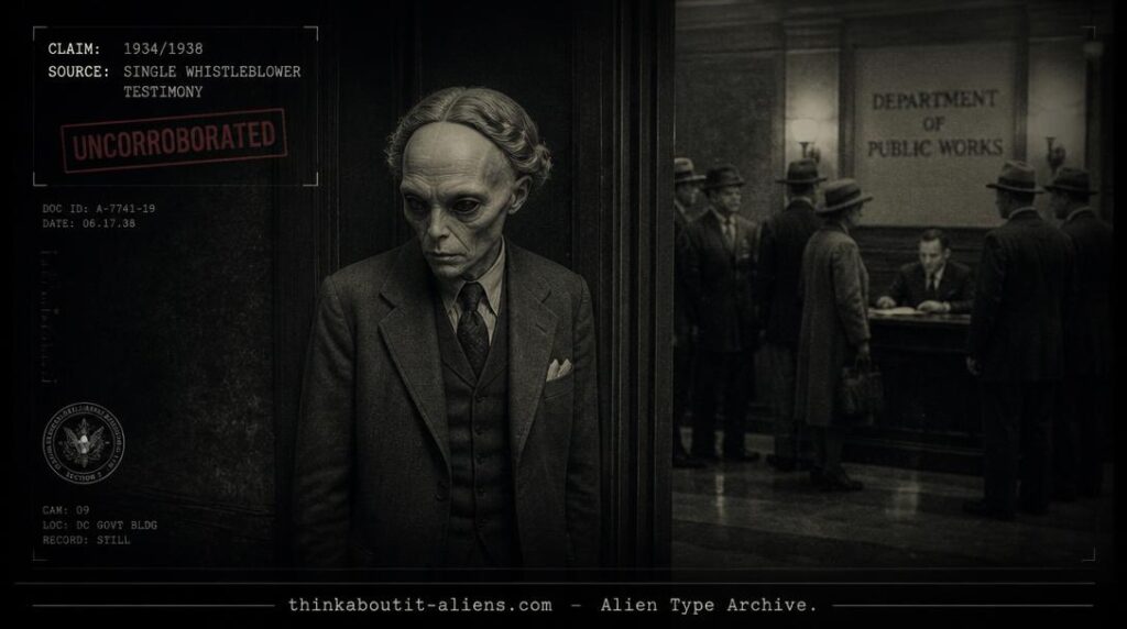 Dossier-style rendering of a pale, nearly hairless humanoid figure in a wig and 1930s attire in a dim government office, referencing the Kondrashkin/Roosevelt claim