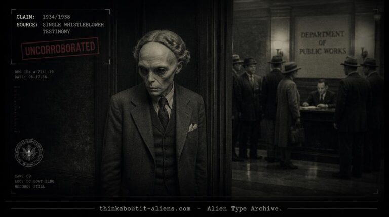Dossier-style rendering of a pale, nearly hairless humanoid figure in a wig and 1930s attire in a dim government office, referencing the Kondrashkin/Roosevelt claim