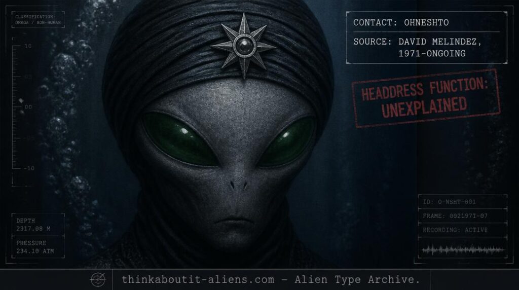 Dossier-style close portrait of a grey-skinned, melon-headed humanoid with large solid green eyes and a starred turban headdress, referencing the Koshnak/Ohneshto contact case