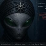 Dossier-style close portrait of a grey-skinned, melon-headed humanoid with large solid green eyes and a starred turban headdress, referencing the Koshnak/Ohneshto contact case