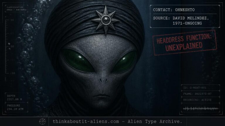 Dossier-style close portrait of a grey-skinned, melon-headed humanoid with large solid green eyes and a starred turban headdress, referencing the Koshnak/Ohneshto contact case