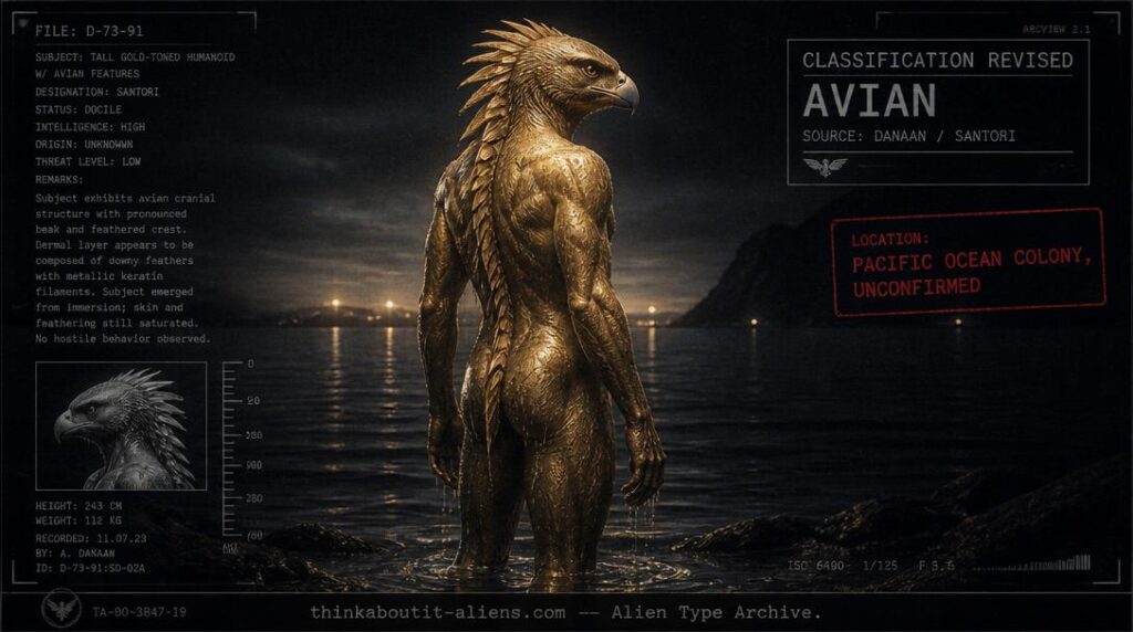 Dossier-style rendering of a tall, gold-toned, falcon-headed humanoid with feathered skin standing at the edge of dark ocean water, referencing the Kurs' corrected avian classification
