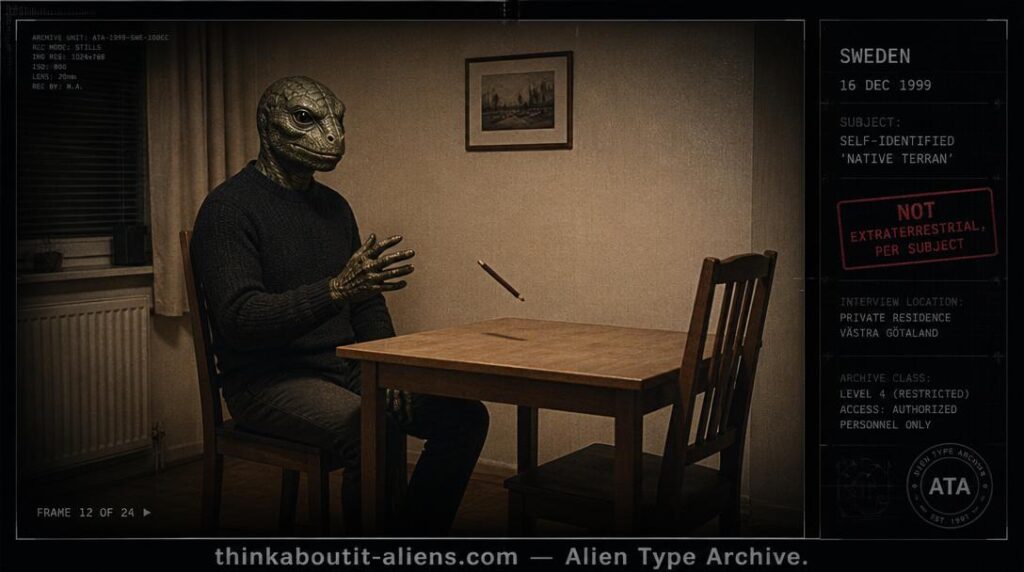Dossier-style rendering of a composed reptilian humanoid seated at a table in a warm-lit Swedish room with a pencil hovering mid-air, referencing the 1999 Lacerta File interview