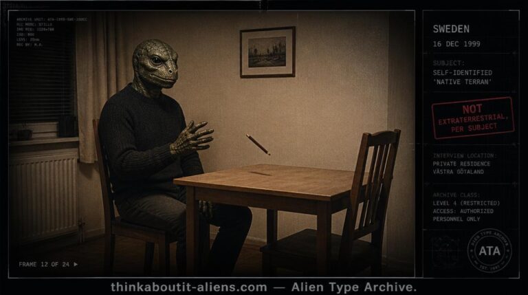 Dossier-style rendering of a composed reptilian humanoid seated at a table in a warm-lit Swedish room with a pencil hovering mid-air, referencing the 1999 Lacerta File interview
