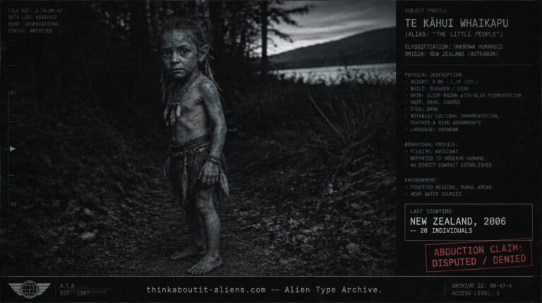 Dossier-style rendering of a small humanoid figure with blue decorative body pigment and feather ornamentation at a forest's edge, referencing the Lang and the disputed abduction claim