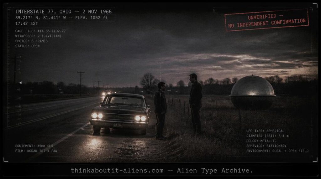 Dossier-style rendering of a 1966 rural Ohio highway at dusk with a sedan, two human figures in conversation, and a metallic globe craft in a field, referencing the Indrid Cold encounter