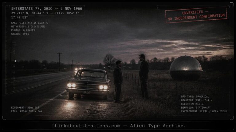 Dossier-style rendering of a 1966 rural Ohio highway at dusk with a sedan, two human figures in conversation, and a metallic globe craft in a field, referencing the Indrid Cold encounter