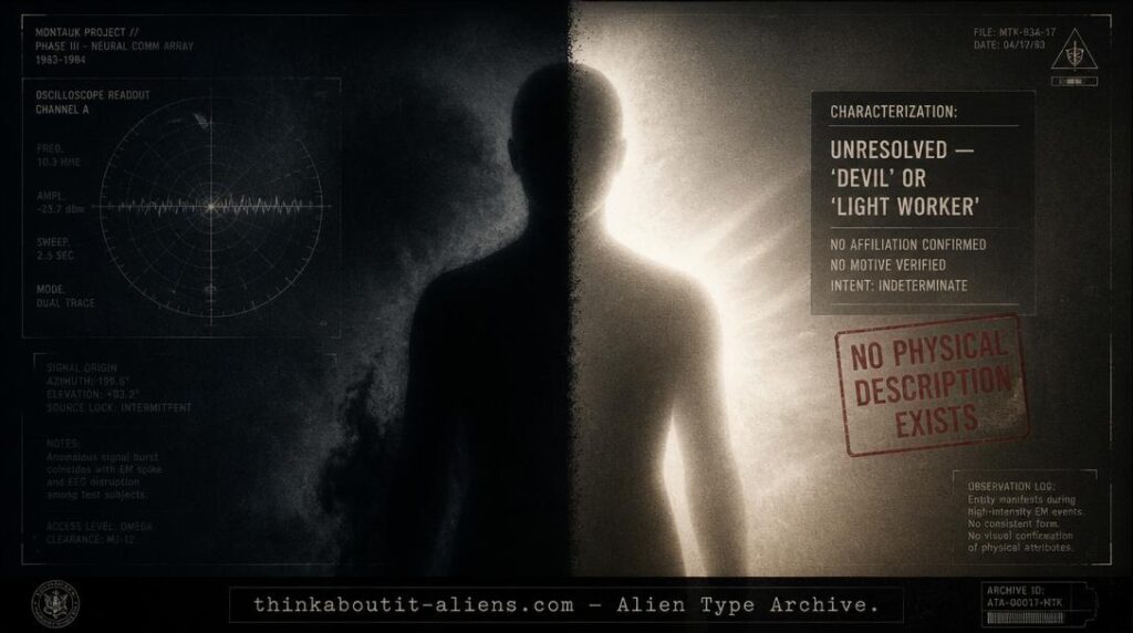 Dossier-style split image of an unresolved humanoid silhouette, half in shadow and half in warm light, referencing the contradictory "devil" versus "Light Worker" characterizations of the Leverons