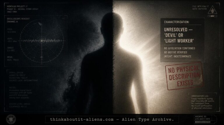Dossier-style split image of an unresolved humanoid silhouette, half in shadow and half in warm light, referencing the contradictory "devil" versus "Light Worker" characterizations of the Leverons