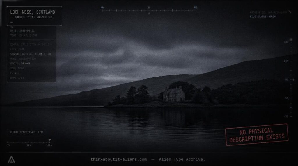 Dossier-style rendering of a still, dark loch at dusk with a distant stone house on the shore, referencing Loch Ness and the Leviathan/sea-serpent claim