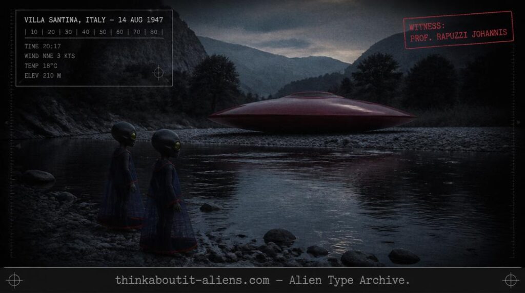 Dossier-style rendering of two small green humanoids beside a red lens-shaped craft on an Italian riverbank at dusk, referencing the 1947 Villa Santina encounter