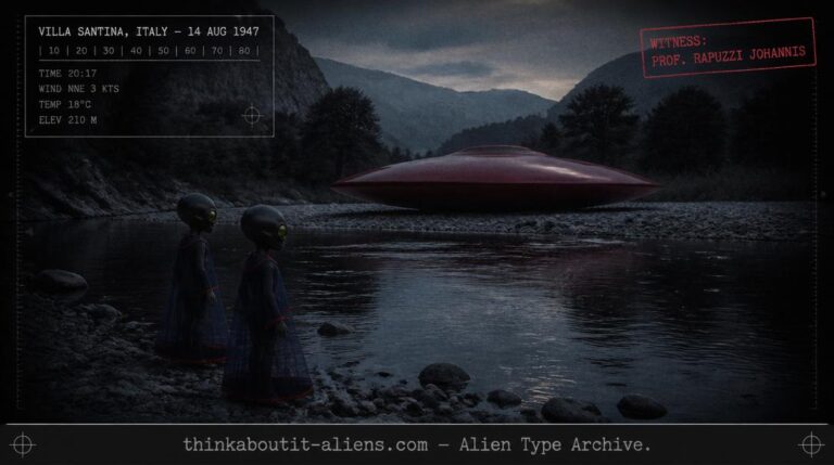 Dossier-style rendering of two small green humanoids beside a red lens-shaped craft on an Italian riverbank at dusk, referencing the 1947 Villa Santina encounter