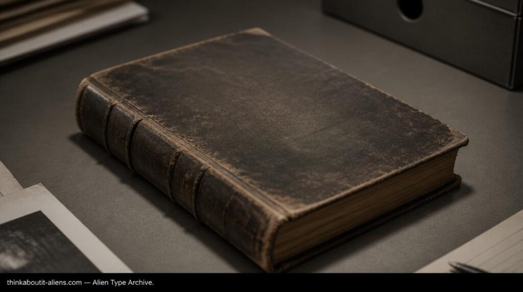 A worn, out-of-focus closed book on a plain desk, referencing the "Lizzies" entry as a historical archive note rather than a documented species profile