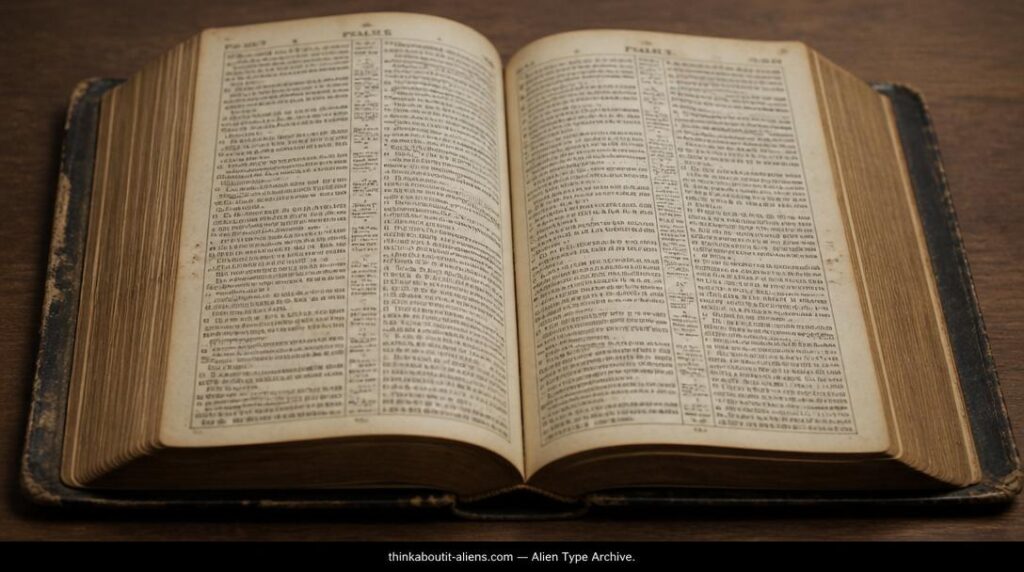 An open antique study Bible on a plain desk, referencing the biblical origin of the term "Lucifer" discussed in this archive note