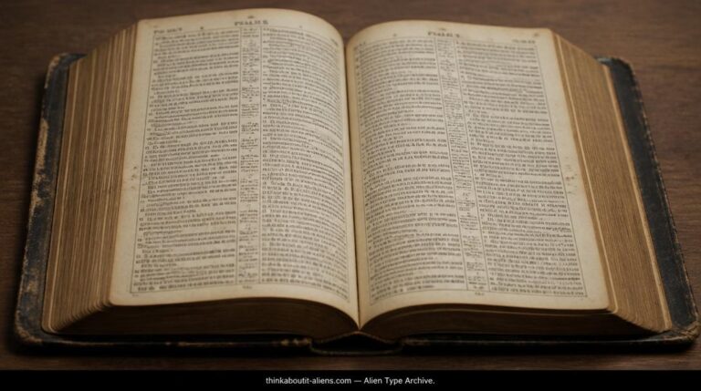 An open antique study Bible on a plain desk, referencing the biblical origin of the term "Lucifer" discussed in this archive note