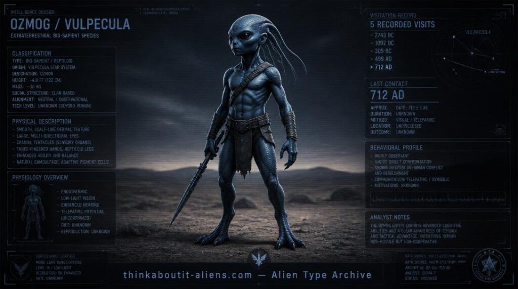 Dossier-style illustration of a Rak (Raki), a small bluish reptiloid entity with sensory head tentacles from Ozmog in the Vulpecula constellation