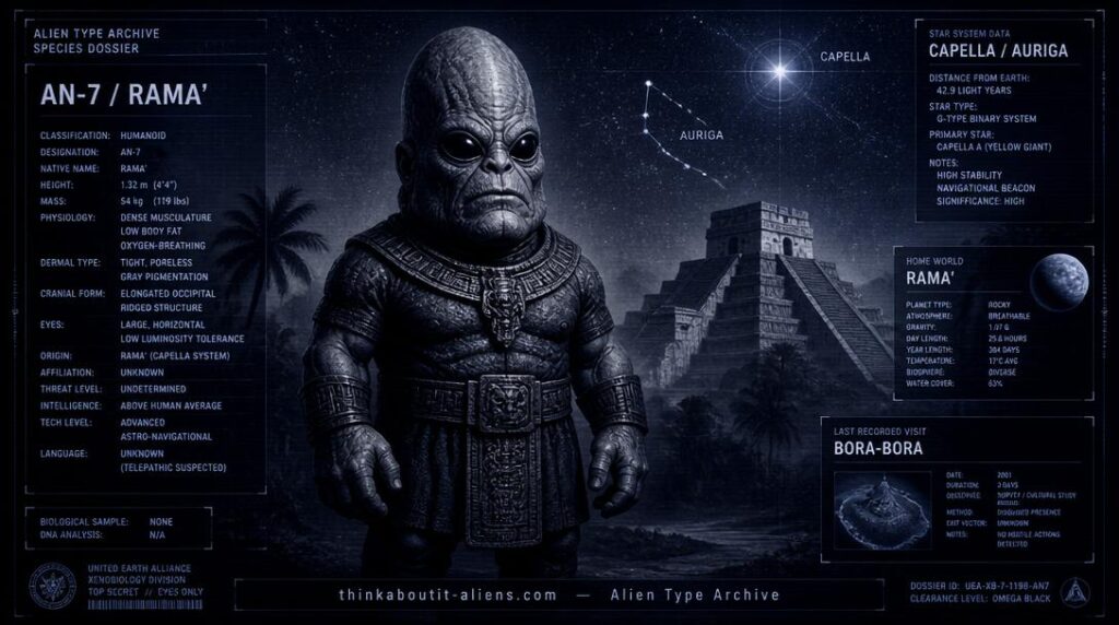 Dossier-style illustration of a Ramay (Naacal), the short, square-jawed entity from Capella credited with founding Mayan civilization