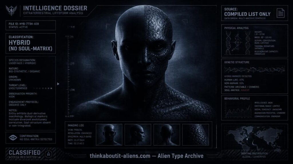 Dossier-style illustration representing the Re-Brid, a soulless reptilian-human hybrid classification from a compiled ufology reference list