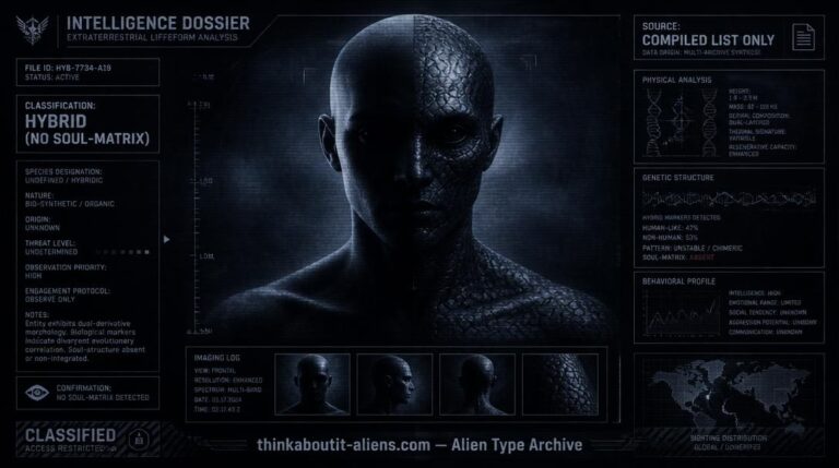 Dossier-style illustration representing the Re-Brid, a soulless reptilian-human hybrid classification from a compiled ufology reference list