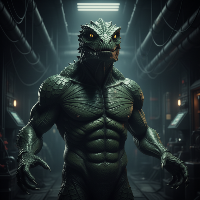 A detailed physical profile of a Reptoid alien showing scales, claws, and slit pupils.