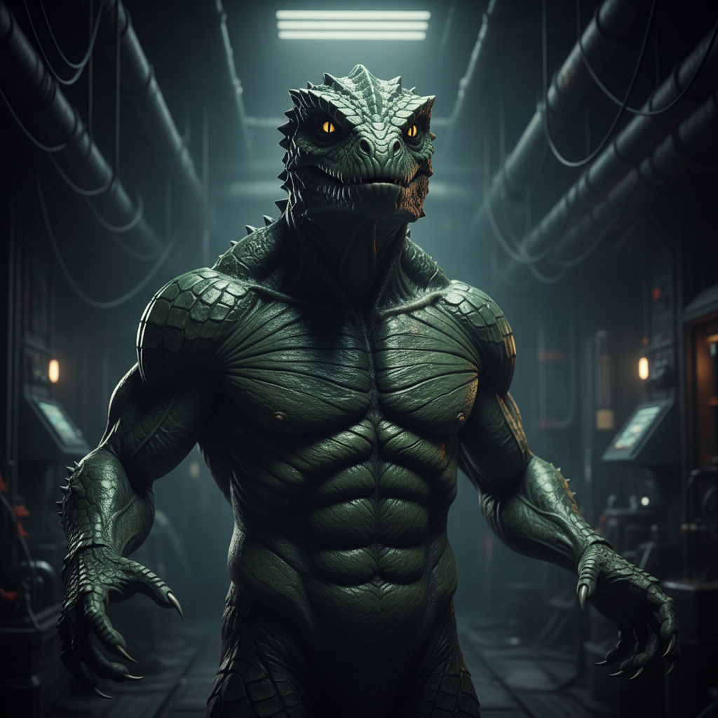 A detailed physical profile of a Reptoid alien showing scales, claws, and slit pupils.