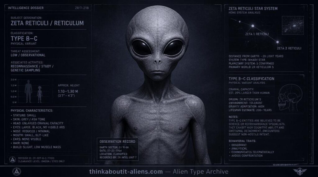 Reticulans: Dossier-style illustration of a Reticulan (Grey), the small large-eyed humanoid associated with the Zeta Reticuli star system