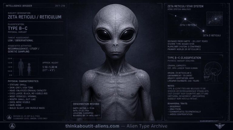 Reticulans: Dossier-style illustration of a Reticulan (Grey), the small large-eyed humanoid associated with the Zeta Reticuli star system