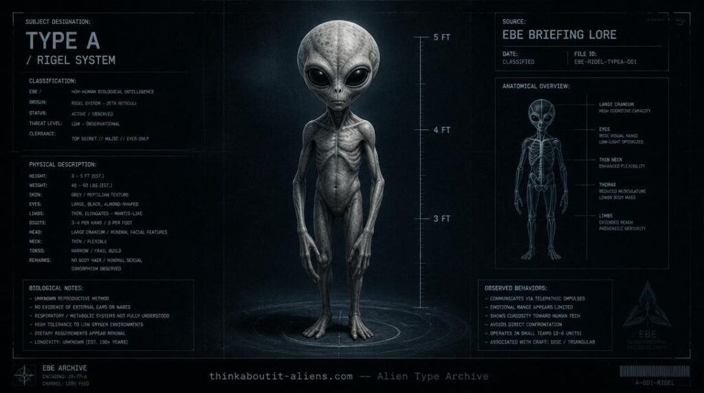 Dossier-style illustration of a Rigelian, the small Grey-type Malevolent Alien Life Form described in EBE briefing-document lore