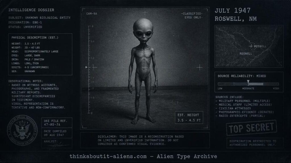 Dossier-style illustration of the entity type associated with the 1947 Roswell crash, based on later, mixed-reliability witness testimony